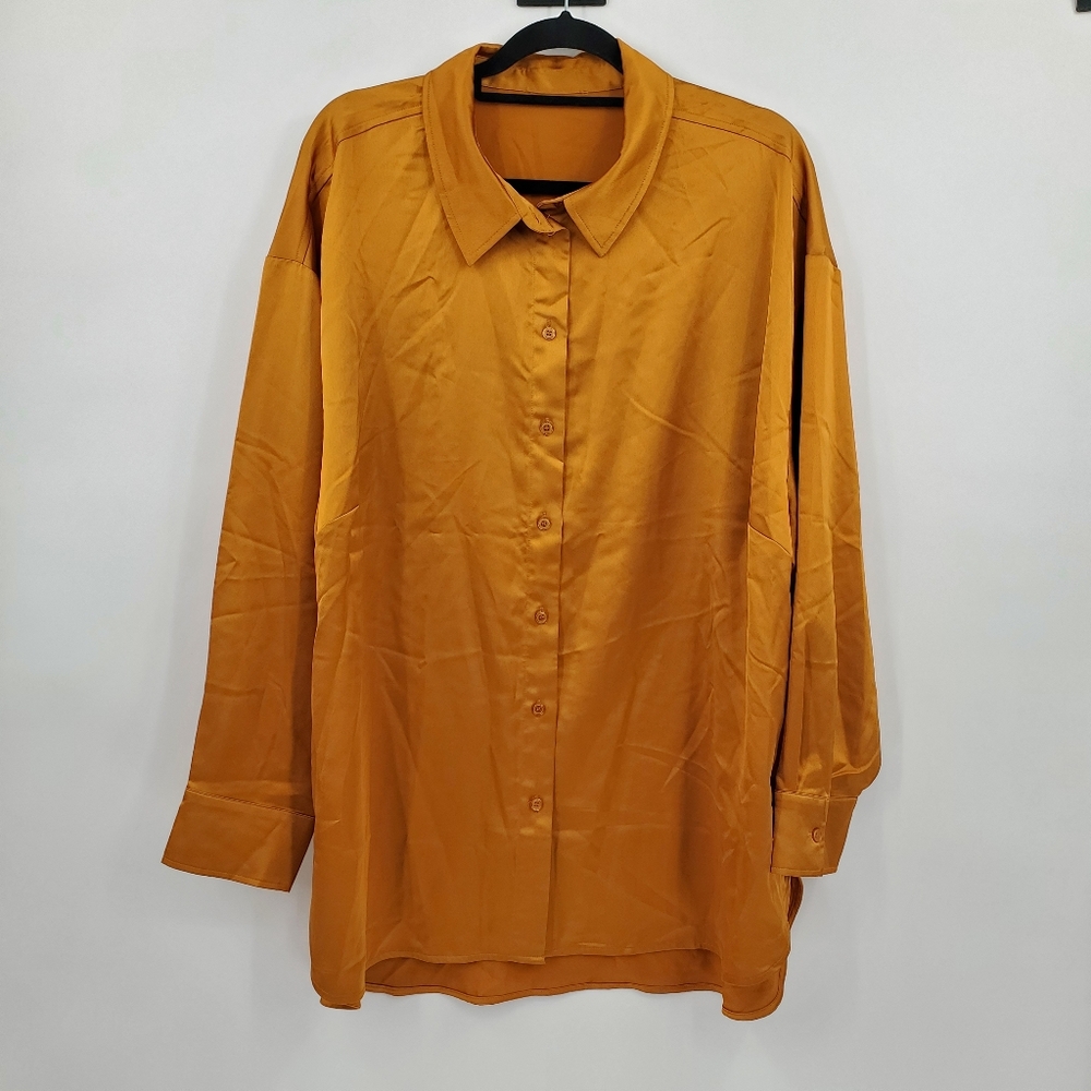 ♧♧ Sanctuary Clothing Goldenrod Satin Button Up Long-sleeved Shirt Size XL